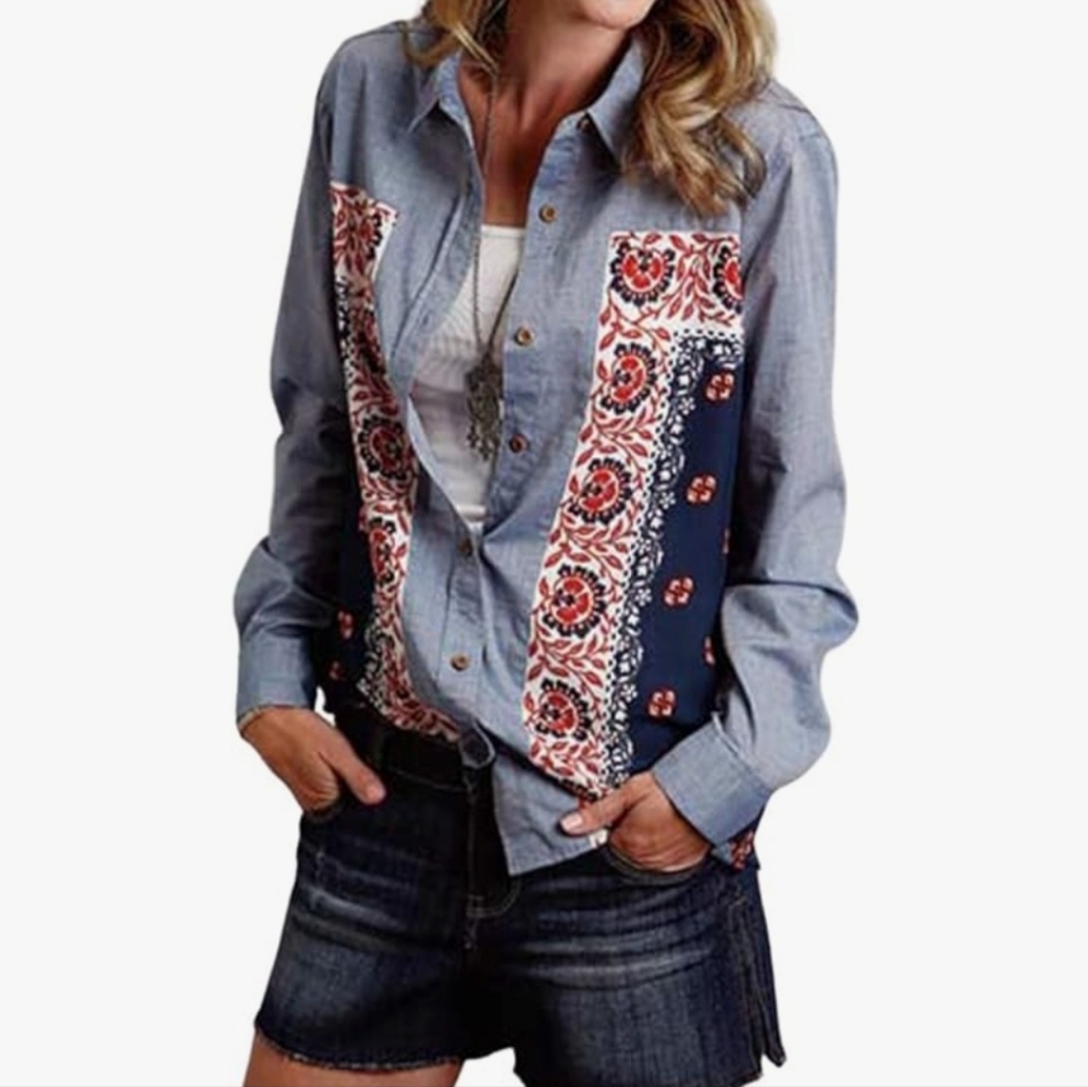 Free People Bandana Chambray Western Shirt Button-up Size Medium